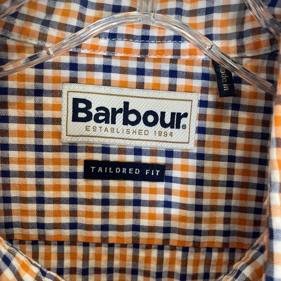Barbour Short Sleeve Button Down Shirt Orange Blue Check Preppy Cotton M - Picture 2 of 6